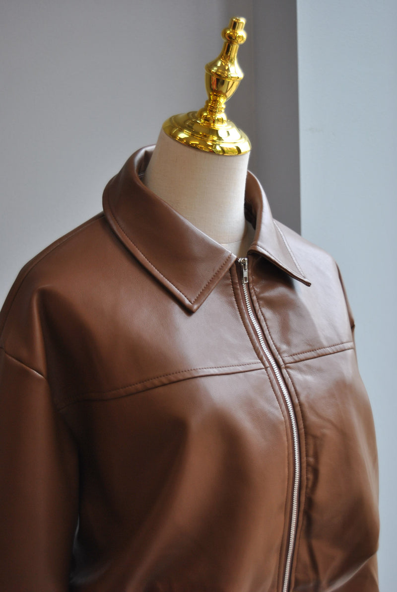 BROWN FAUX LEATHER CROPPED JACKET