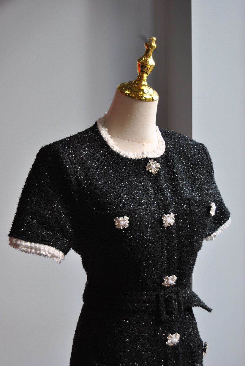 BLACK TWEED MIDI DRESS WITH PEARL BUTTONS