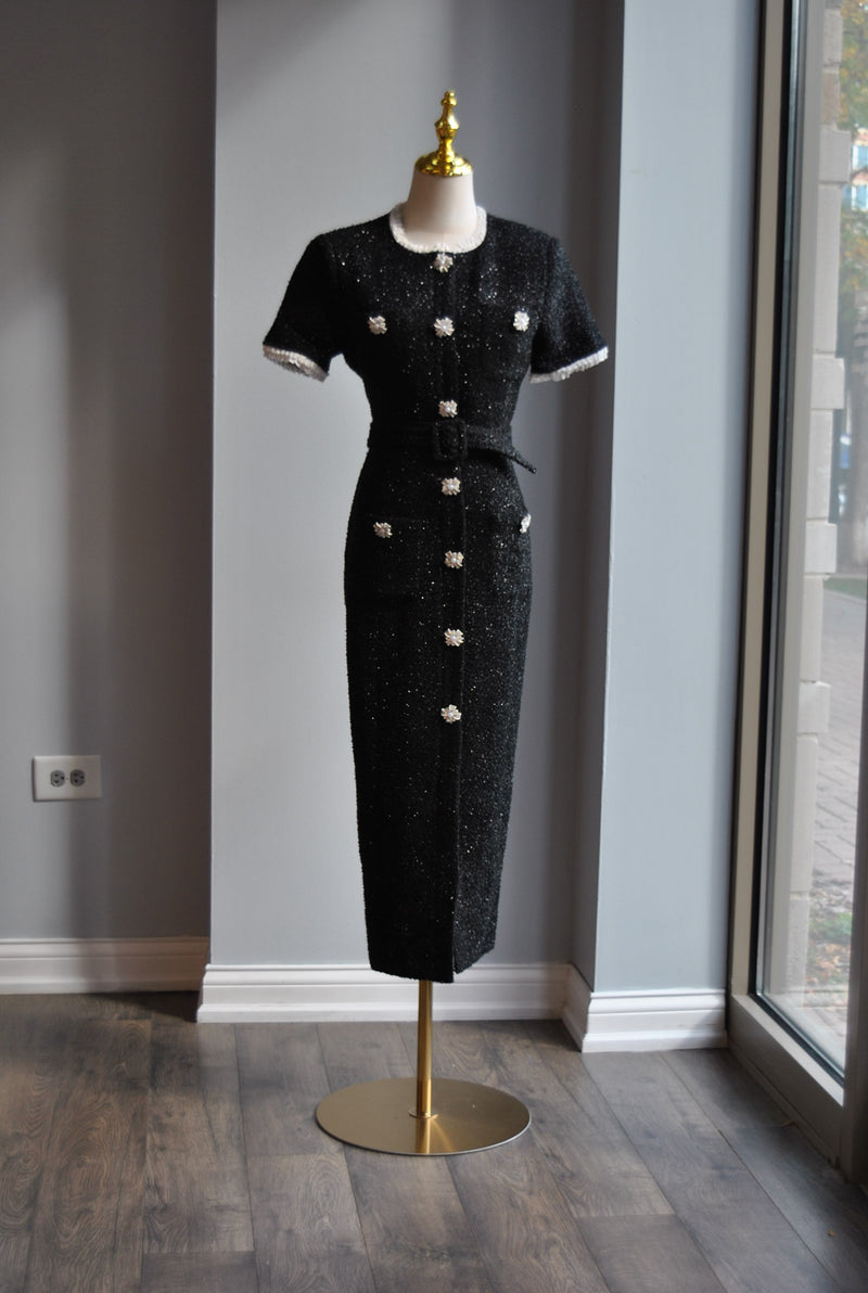 BLACK TWEED MIDI DRESS WITH PEARL BUTTONS