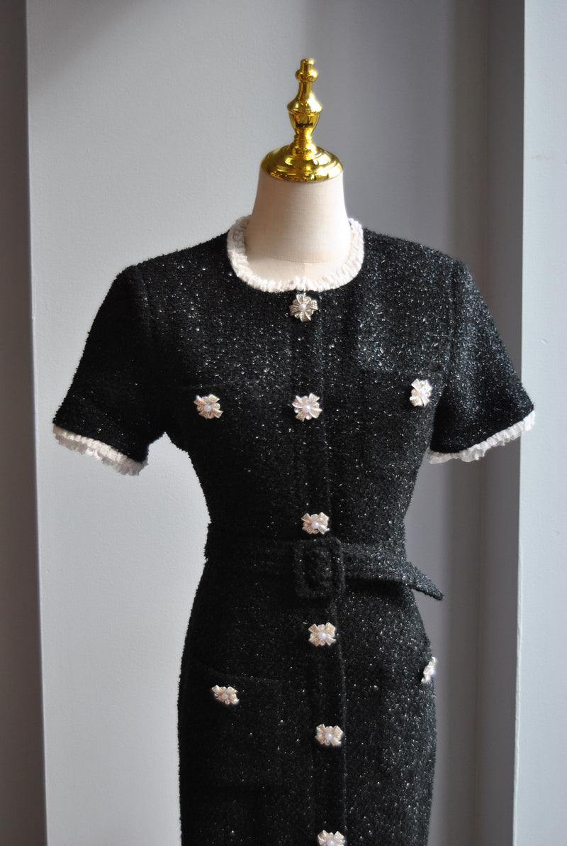 BLACK TWEED MIDI DRESS WITH PEARL BUTTONS