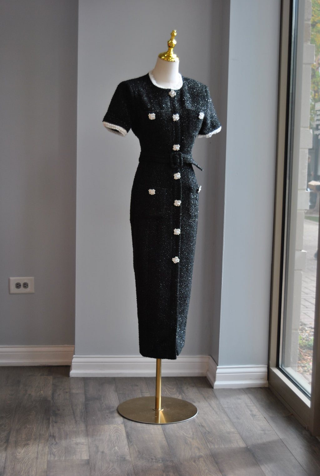 BLACK TWEED MIDI DRESS WITH PEARL BUTTONS