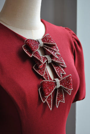 BURGUNDY MINI DRESS WITH CRYSTAL BOWS