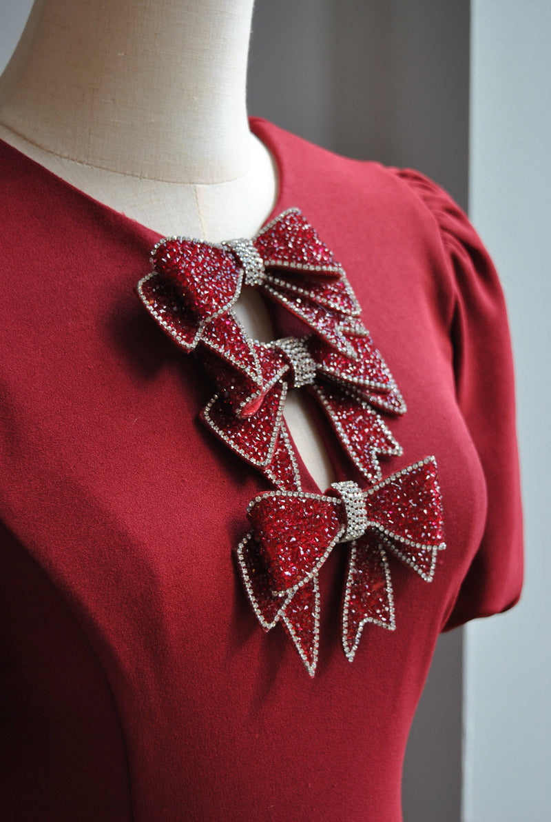 BURGUNDY MINI DRESS WITH CRYSTAL BOWS