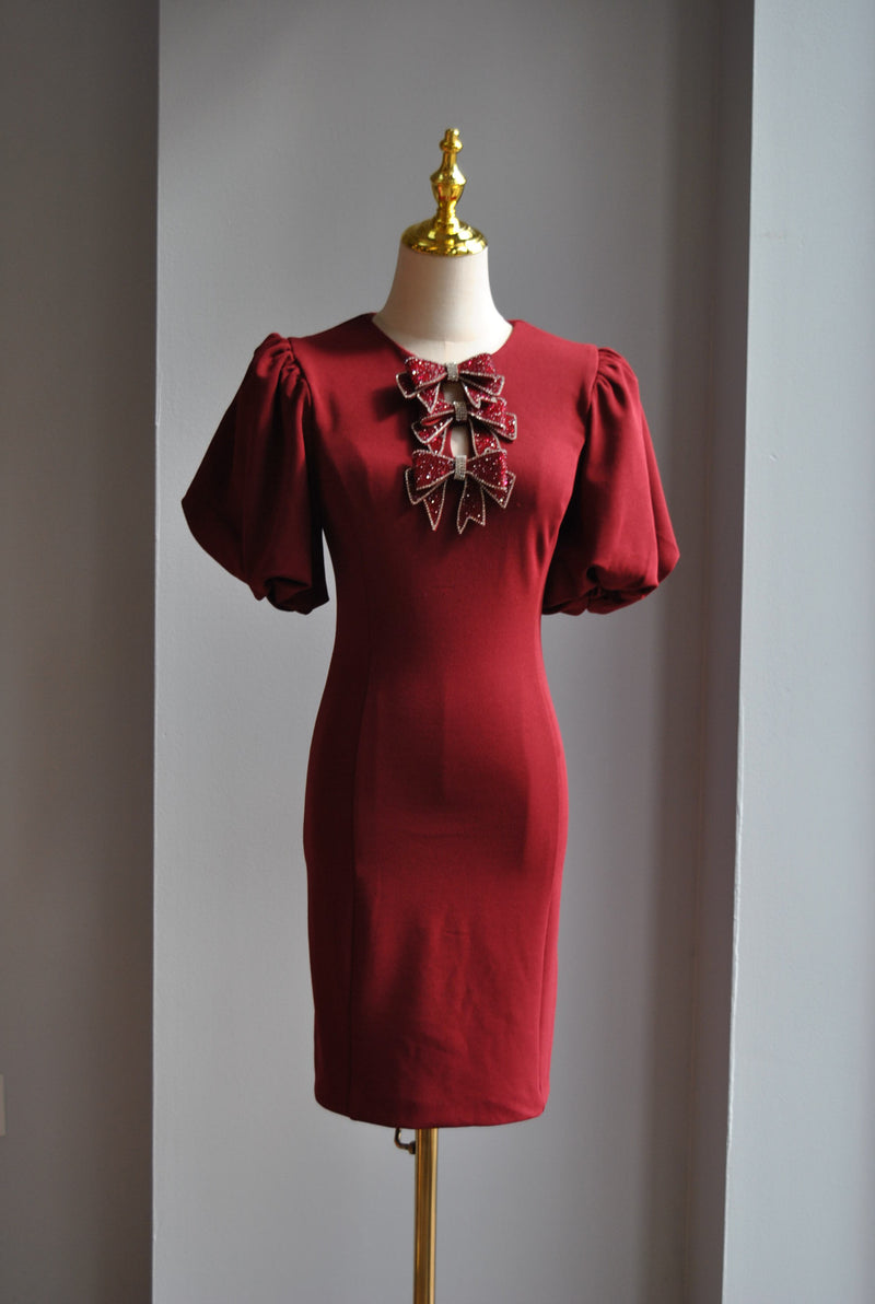 BURGUNDY MINI DRESS WITH CRYSTAL BOWS