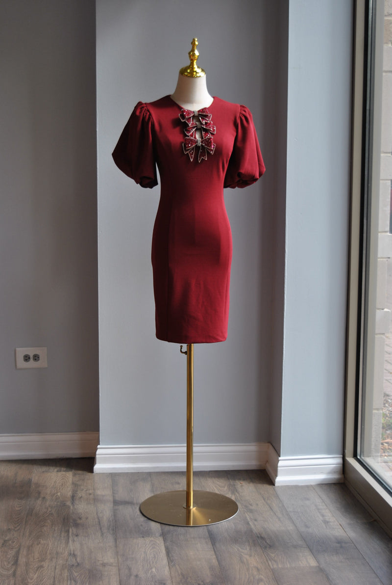 BURGUNDY MINI DRESS WITH CRYSTAL BOWS