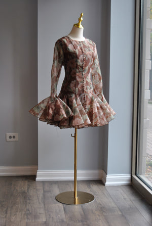 CHOCOLATE BROWN FLOWER MINI DRESS WITH RUFFLES