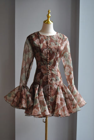 CHOCOLATE BROWN FLOWER MINI DRESS WITH RUFFLES