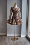 CHOCOLATE BROWN FLOWER MINI DRESS WITH RUFFLES