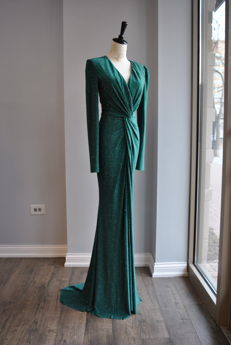 EMERALD GREEN LONG EVENING DRESS WITH CRYSTALS