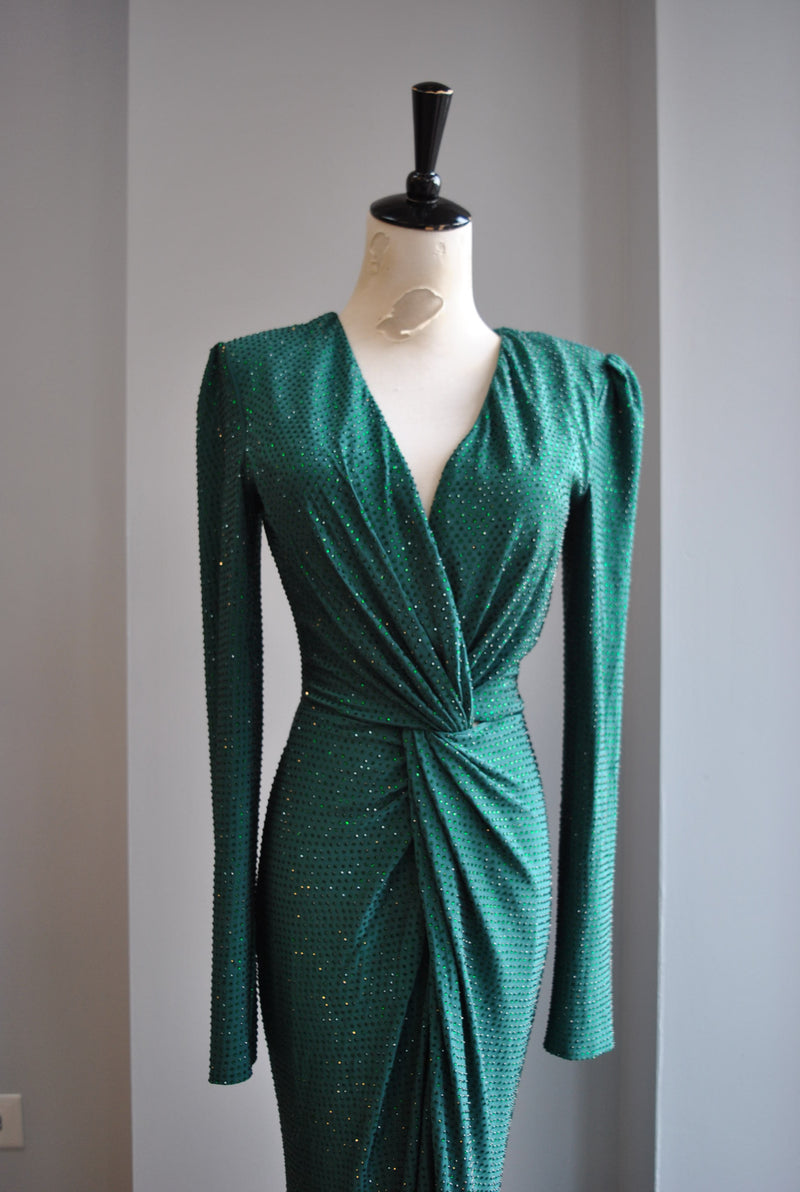 EMERALD GREEN LONG EVENING DRESS WITH CRYSTALS