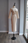 BEIGE MIDI SIMPLE DRESS WITH SIDE PIN AND RUSHING