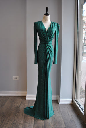 EMERALD GREEN LONG EVENING DRESS WITH CRYSTALS