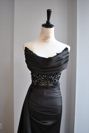 BLACK STRAPLESS DRESS WITH SEQUIN TOP