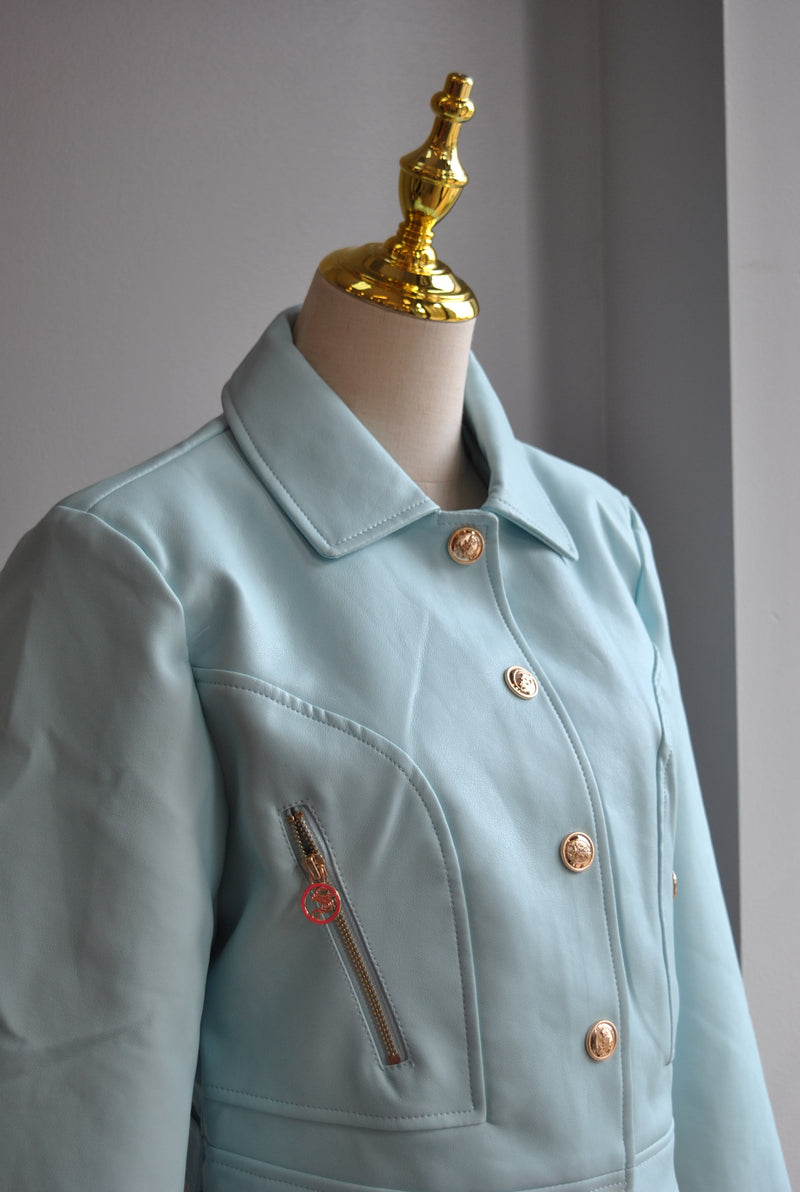 TURQUOISE BLUE FAUX LEATHER JACKET