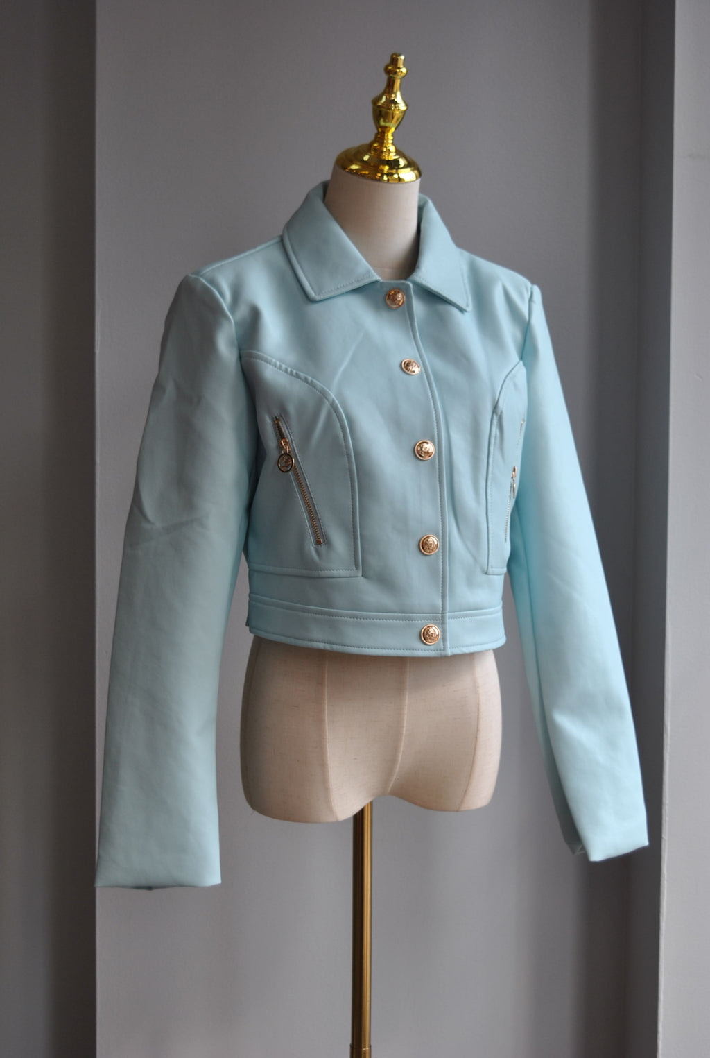 TURQUOISE BLUE FAUX LEATHER JACKET