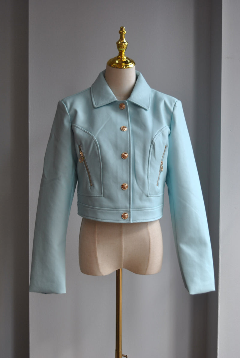 TURQUOISE BLUE FAUX LEATHER JACKET
