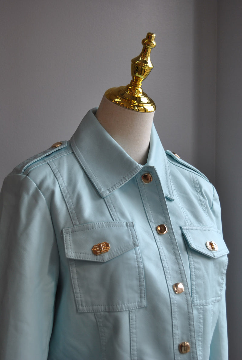 LIGHT BLUE FAUX LEATHER JACKET