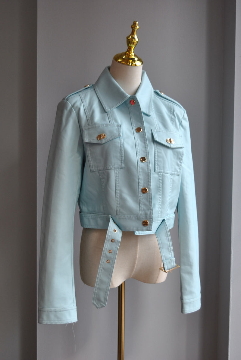 LIGHT BLUE FAUX LEATHER JACKET