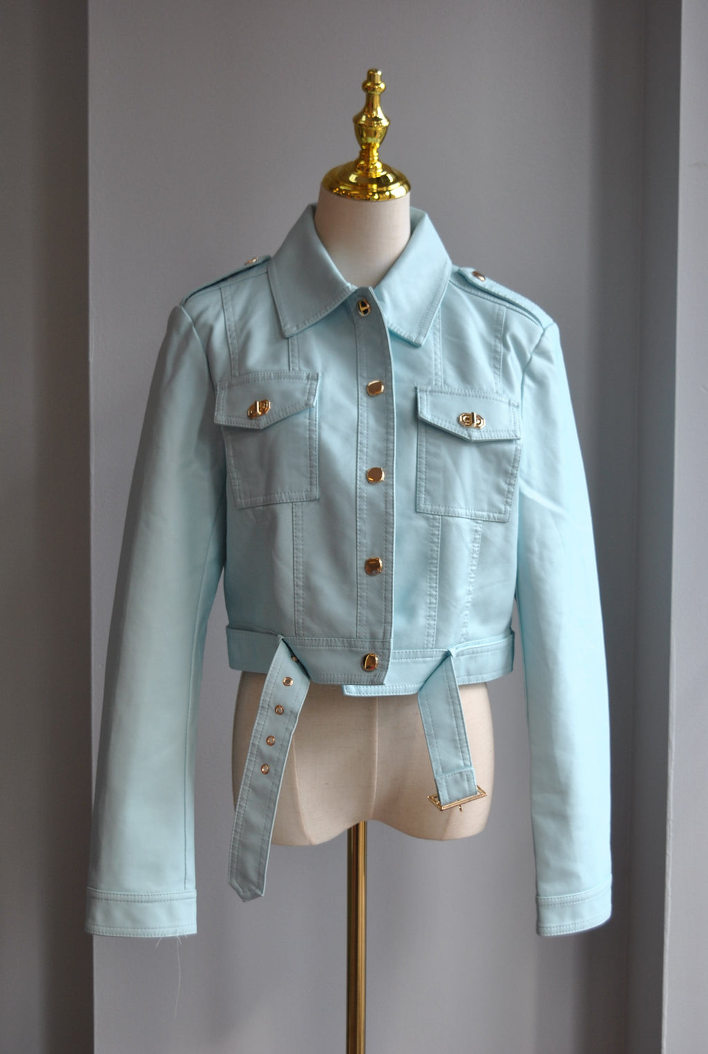 LIGHT BLUE FAUX LEATHER JACKET