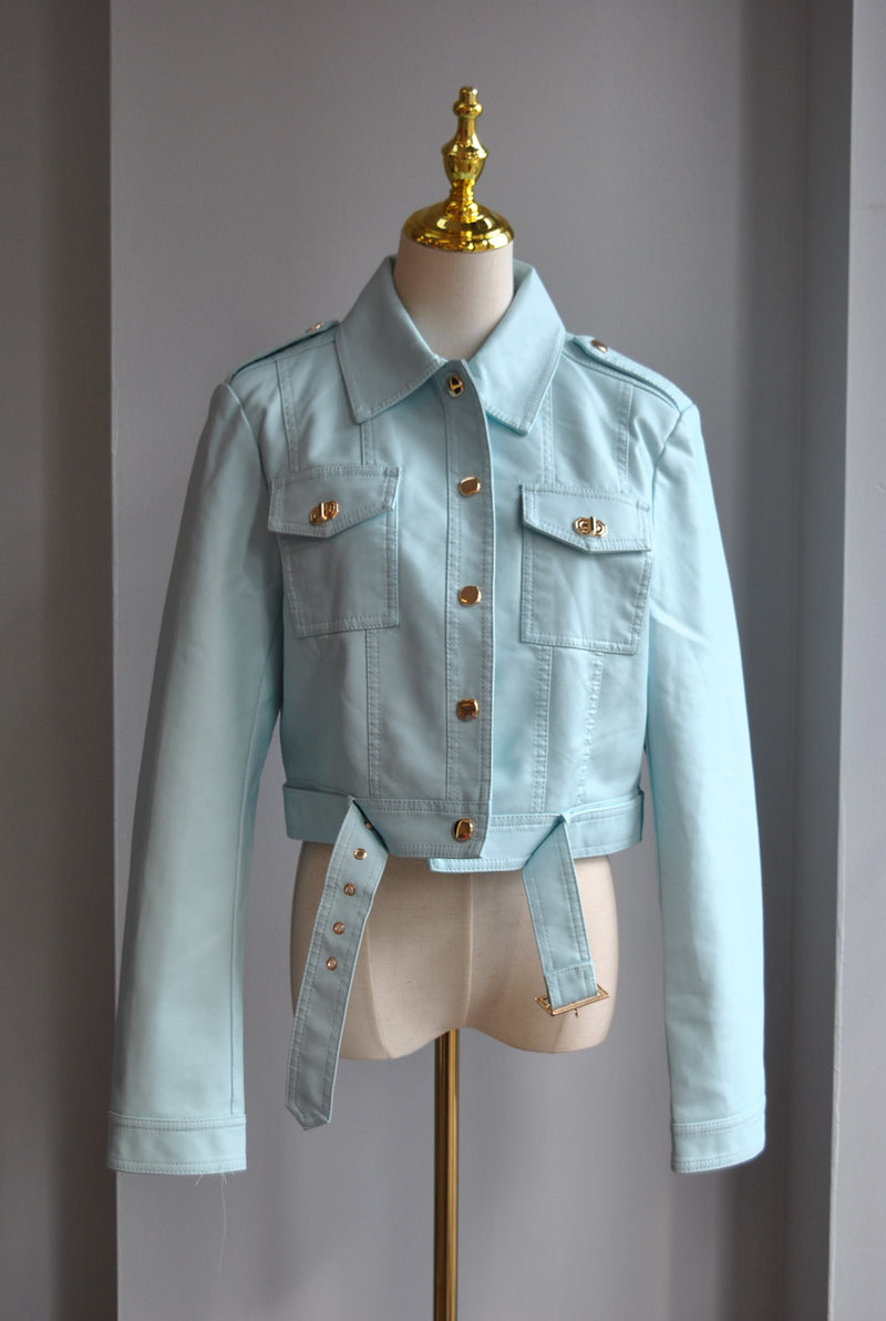 LIGHT BLUE FAUX LEATHER JACKET