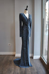 GUNMETAL CRYSTALS LONG EVENING DRESS WITH FRONT RUSHING