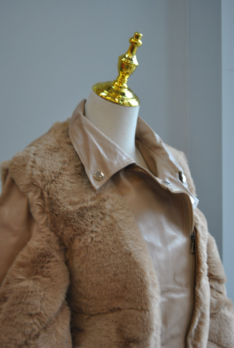 CLEARANCE - CARAMEL FAUX LEATHER AND FUR JACKET