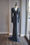 GUNMETAL CRYSTALS LONG EVENING DRESS WITH FRONT RUSHING