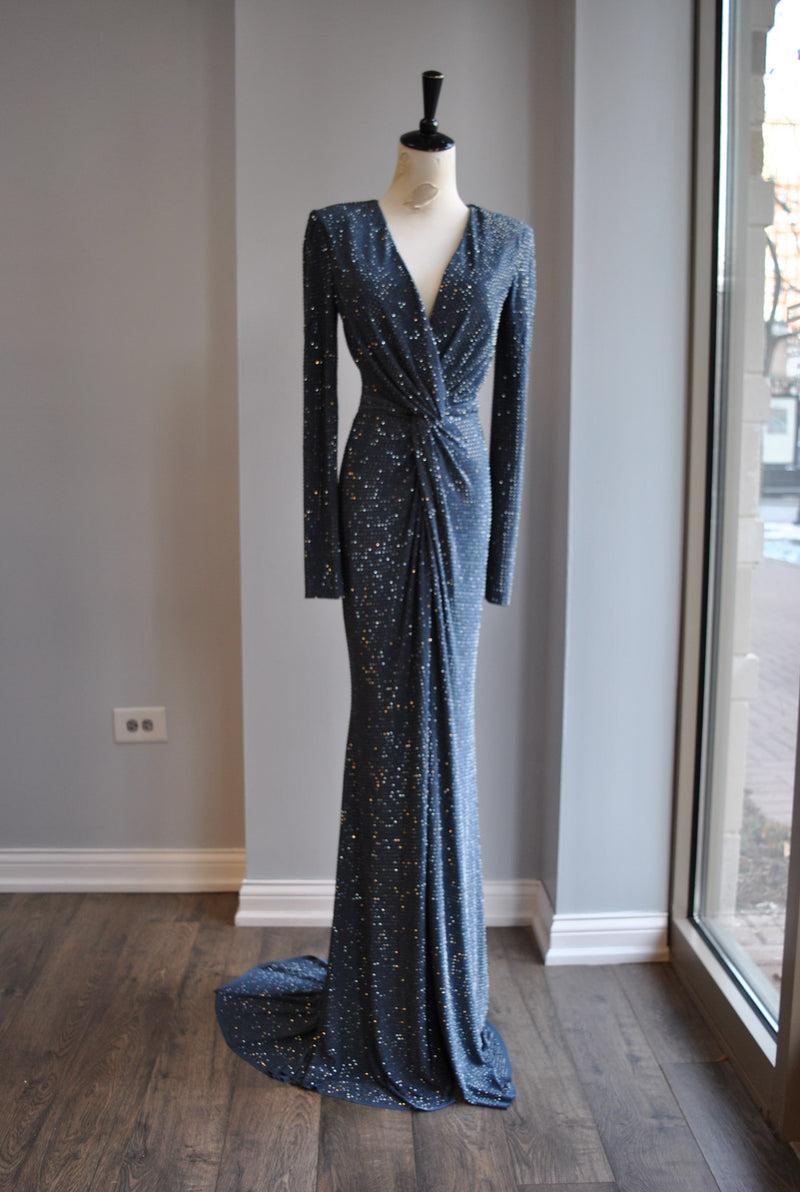 GUNMETAL CRYSTALS LONG EVENING DRESS WITH FRONT RUSHING GUNMETAL CRYSTALS LONG EVENING DRESS WITH FRONT RUSHING