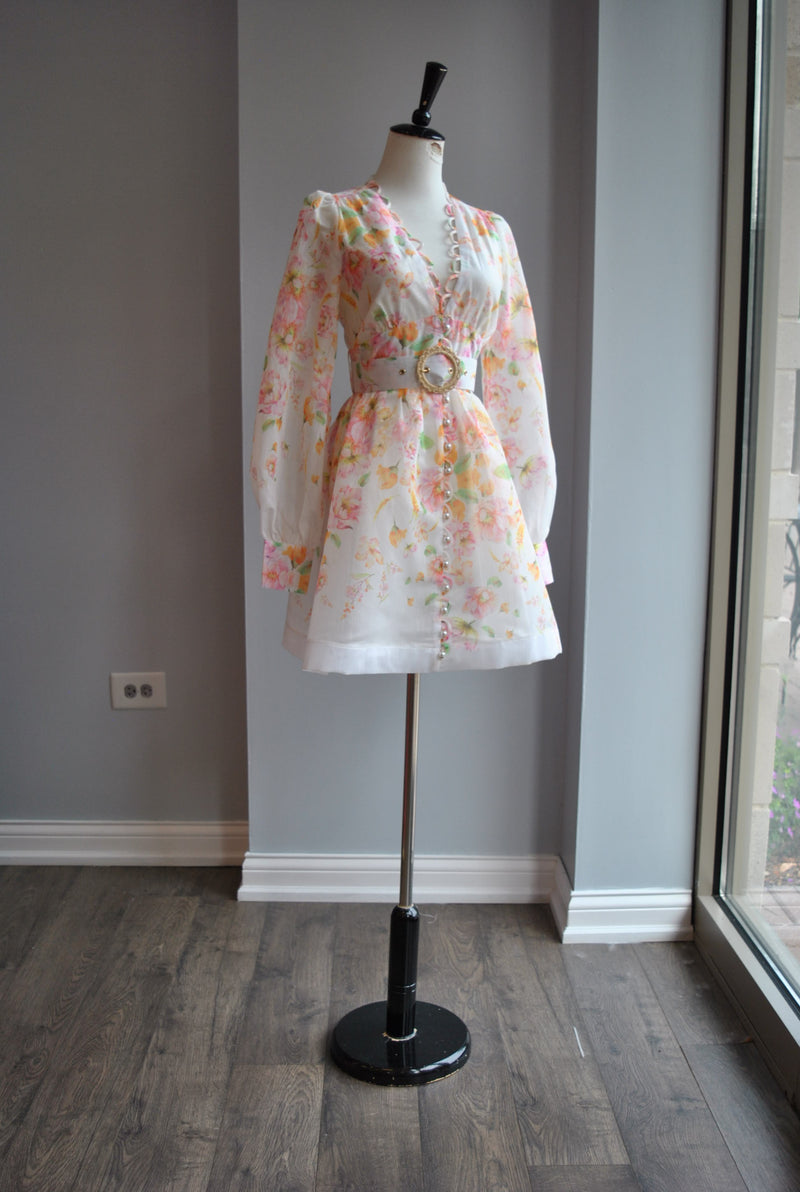 WHITE AND PINK FLOWERS MINI DRESS WITH A BELT