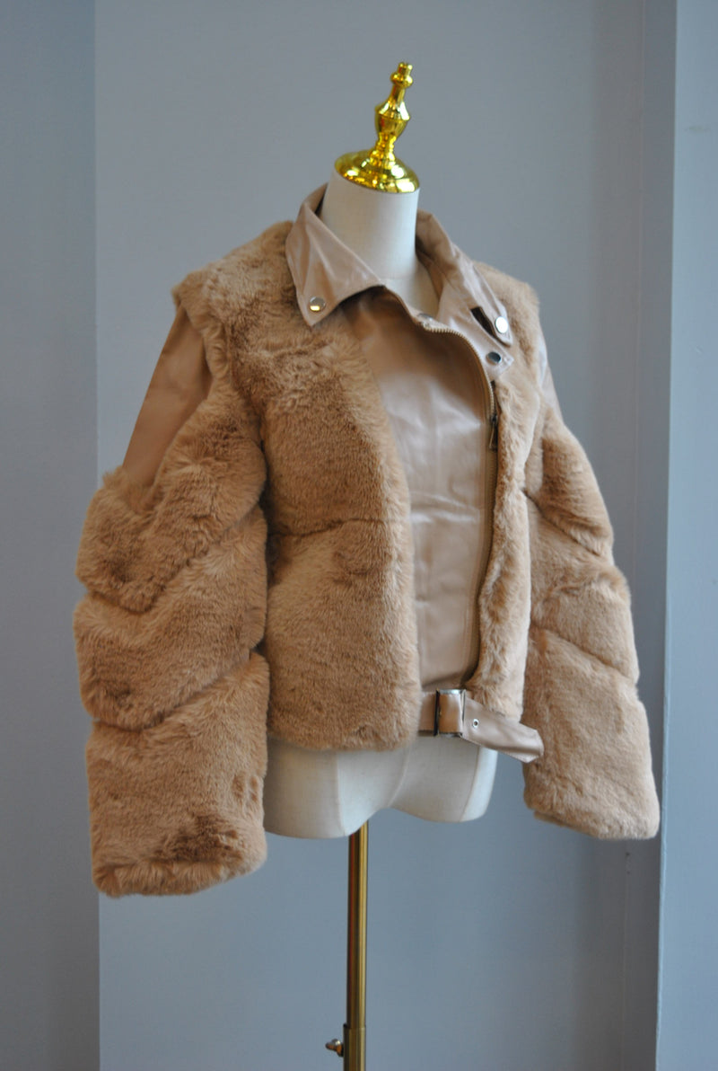 CLEARANCE - CARAMEL FAUX LEATHER AND FUR JACKET
