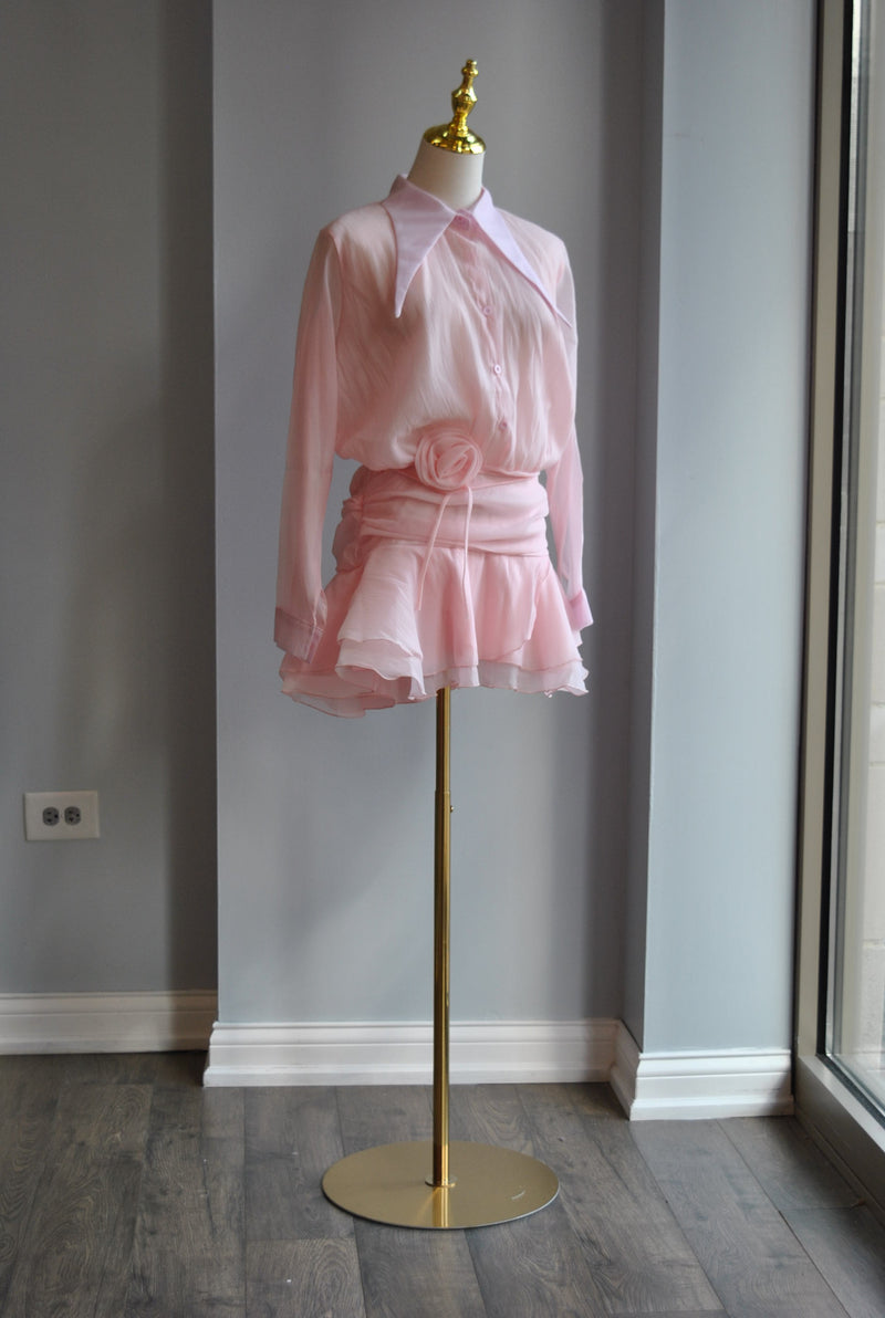 BLUSH PINK MINI DRESS WITH RUFFLE AND FLOWER BELT