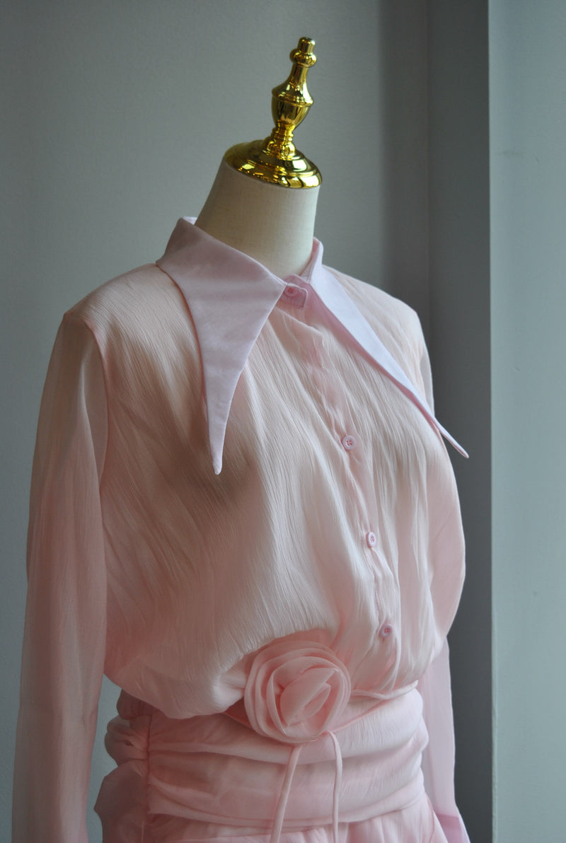 BLUSH PINK MINI DRESS WITH RUFFLE AND FLOWER BELT