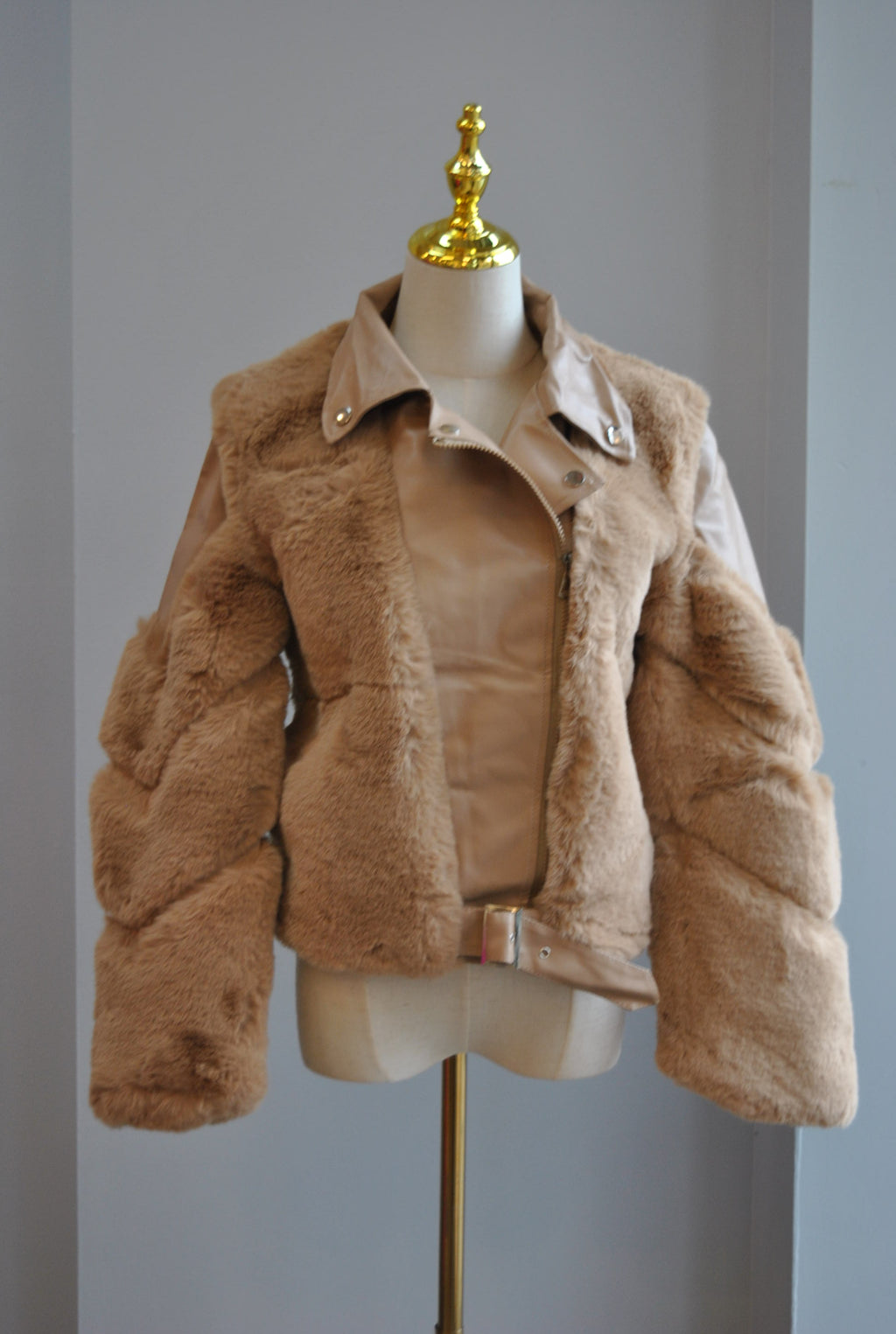 CLEARANCE - CARAMEL FAUX LEATHER AND FUR JACKET