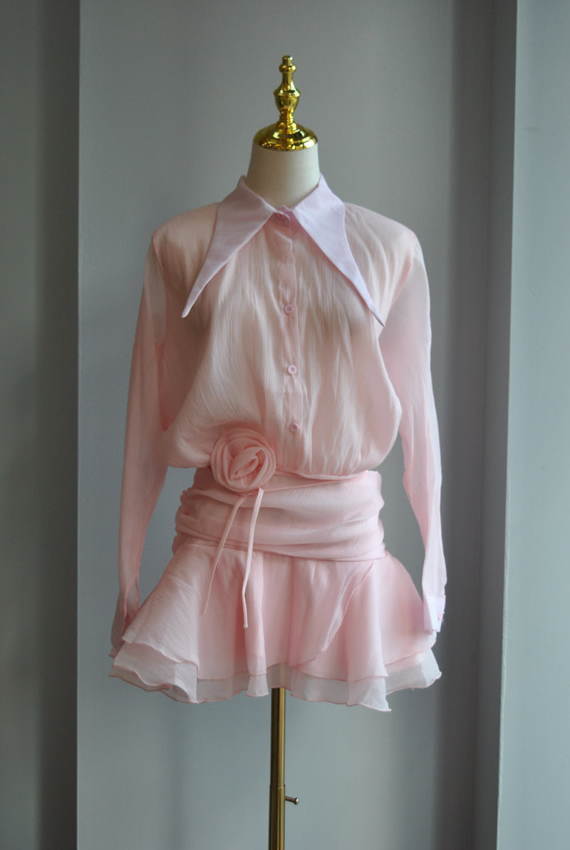 BLUSH PINK MINI DRESS WITH RUFFLE AND FLOWER BELT