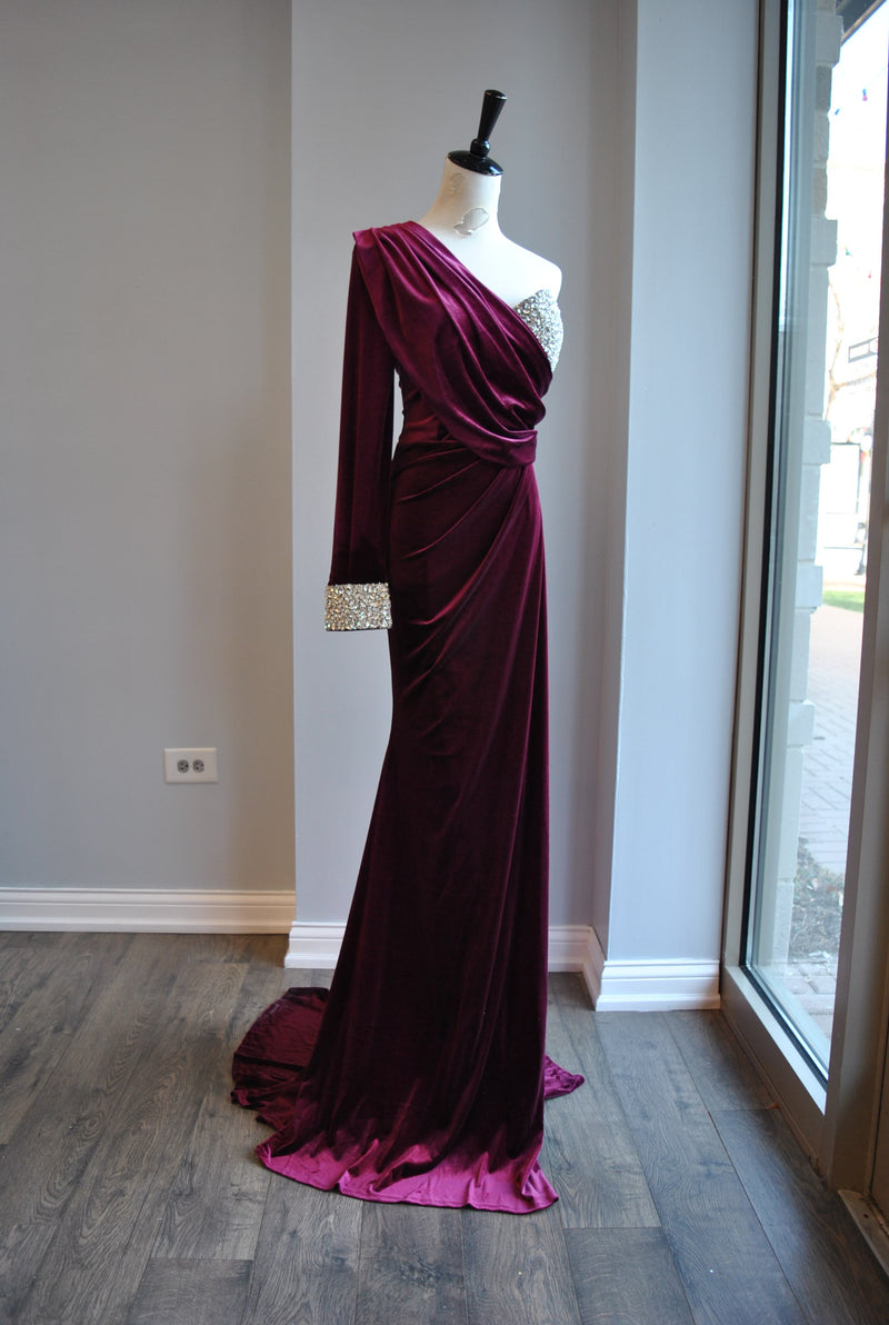 PLUM COLOR VELVET LONG EVENING ASYMMETRIC GOWN WITH CRYSTALS
