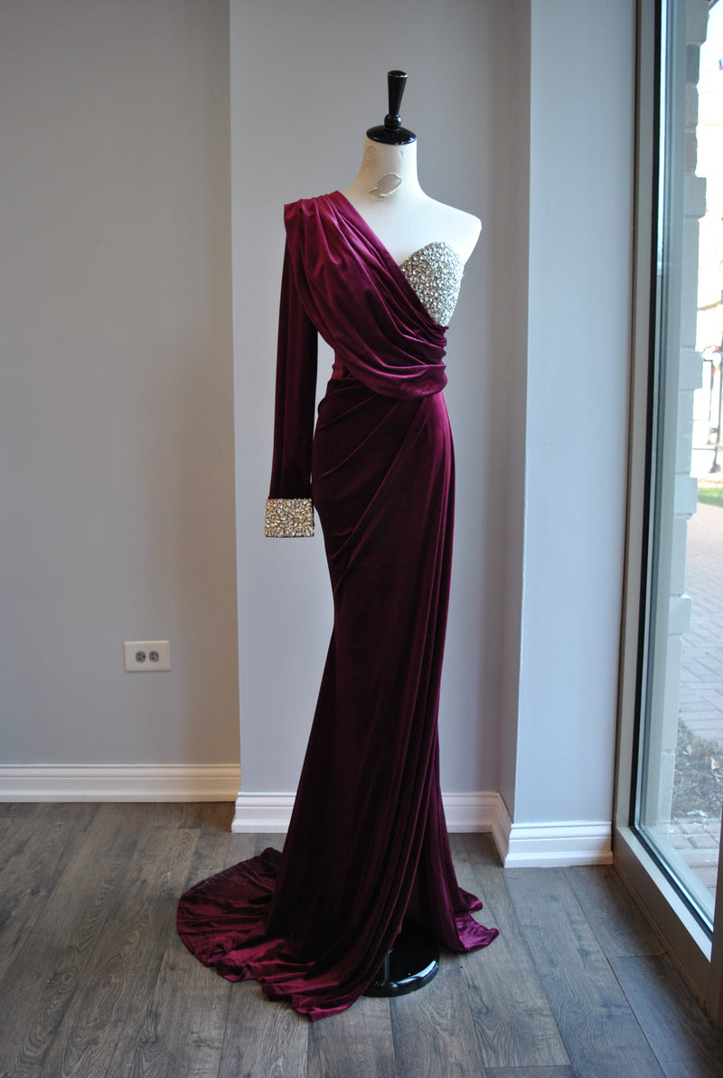 PLUM COLOR VELVET LONG EVENING ASYMMETRIC GOWN WITH CRYSTALS
