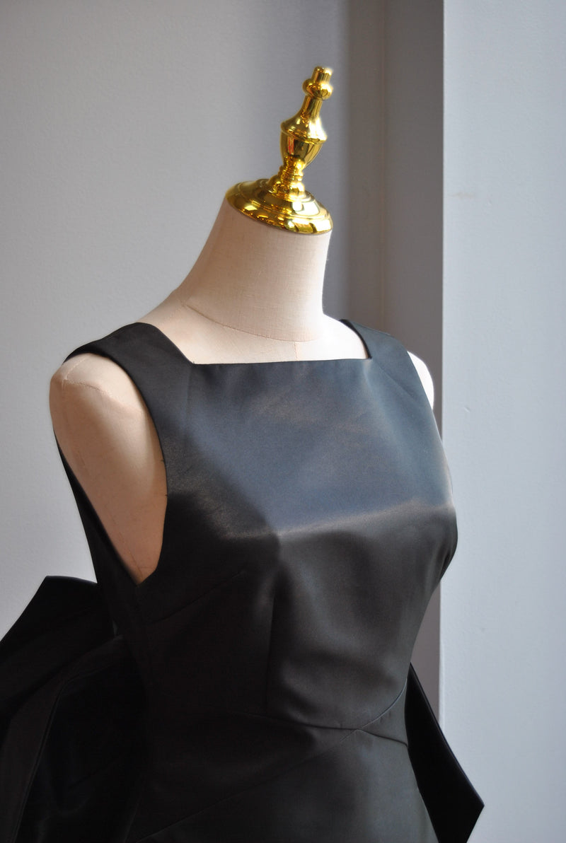 BLACK SATIN MINI DRESS WITH OPEN BACK AND A BOW