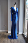 ROYAL BLUE CRYSTALS LONG EVENING GOWN WITH FRONT RUSHING