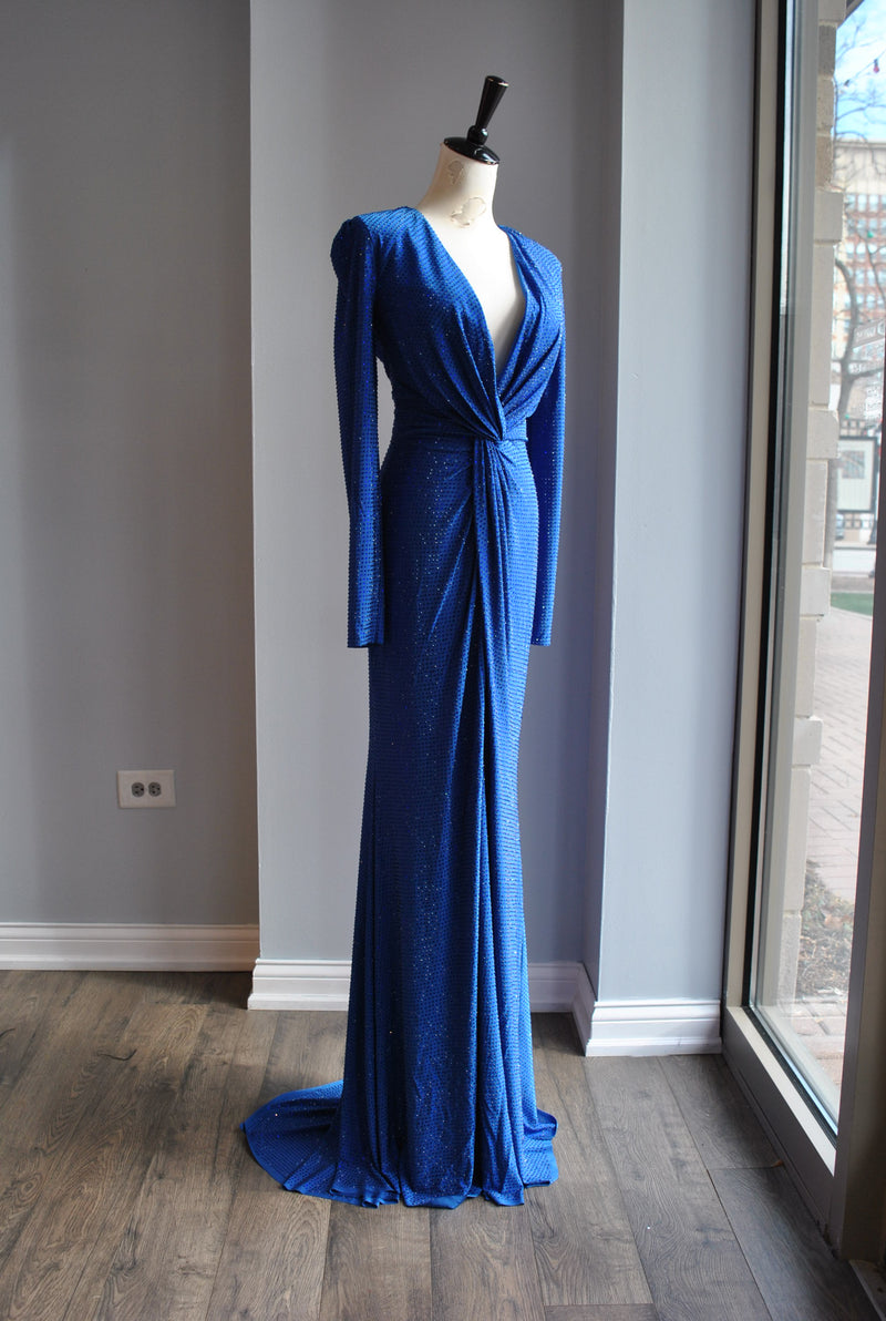 ROYAL BLUE CRYSTALS LONG EVENING GOWN WITH FRONT RUSHING