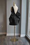 BLACK SATIN MINI DRESS WITH OPEN BACK AND A BOW