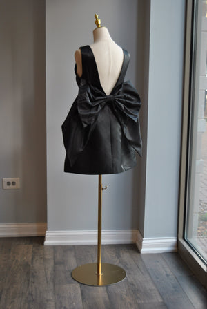 BLACK SATIN MINI DRESS WITH OPEN BACK AND A BOW