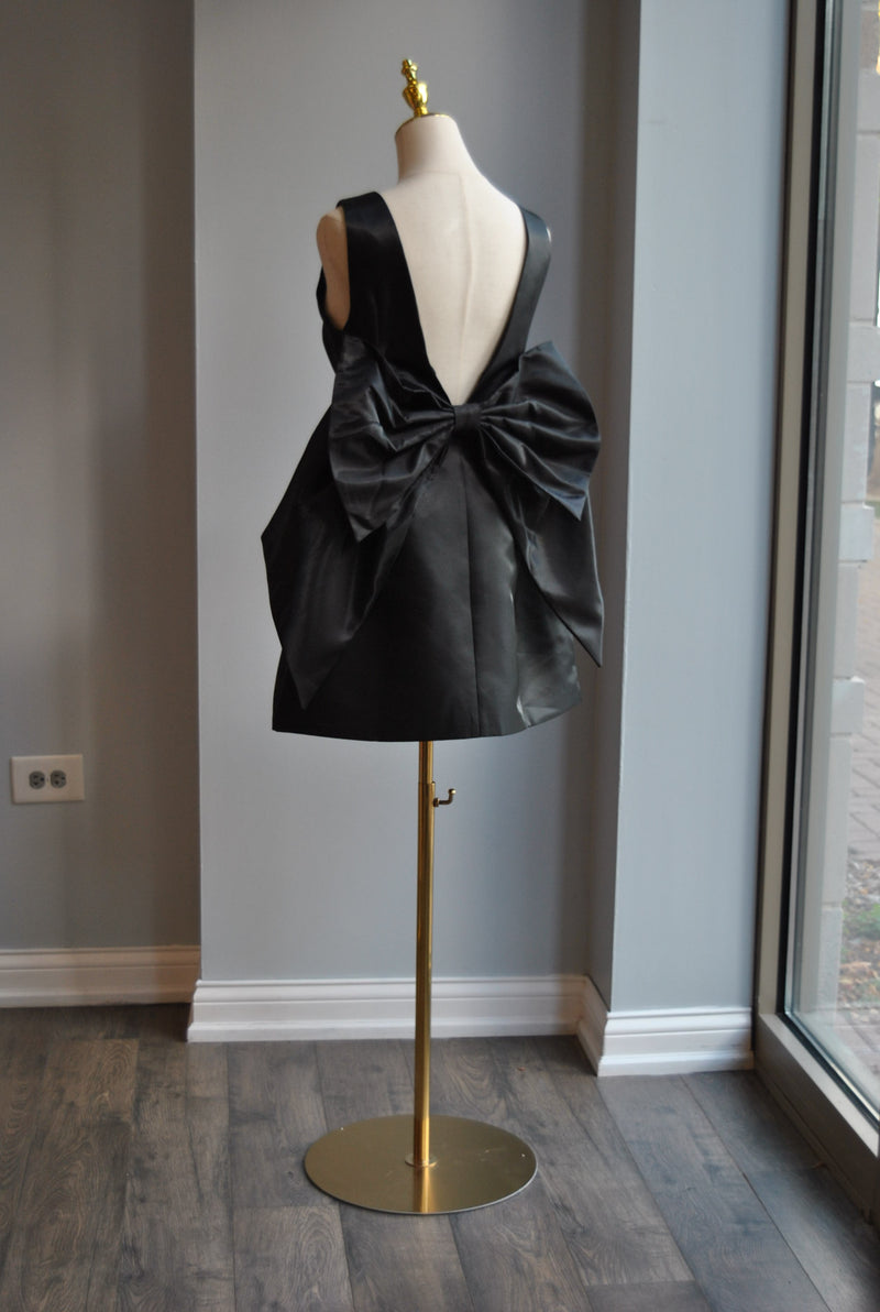 BLACK SATIN MINI DRESS WITH OPEN BACK AND A BOW