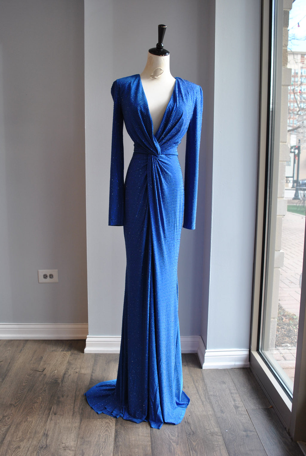 ROYAL BLUE CRYSTALS LONG EVENING GOWN WITH FRONT RUSHING