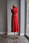 RED SILKY MIDI DRESS WITH HALTER TOP AND ASYMMETRIC OPEN BACK