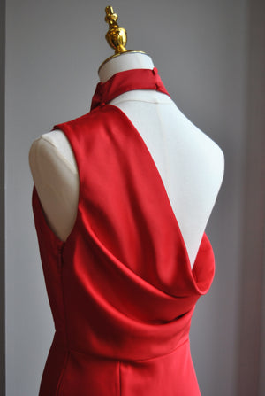 RED SILKY MIDI DRESS WITH HALTER TOP AND ASYMMETRIC OPEN BACK