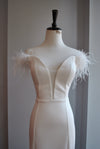WHITE LONG EVENING GOWN WITH FEATHERS