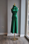 EMERALD GREEN  SILKY MIDI DRESS WITH ASYMMETRIC OPEN BACK