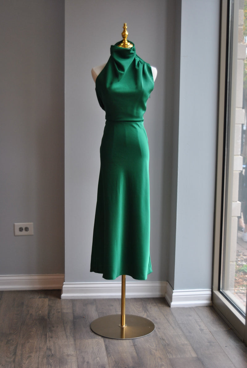 EMERALD GREEN  SILKY MIDI DRESS WITH ASYMMETRIC OPEN BACK