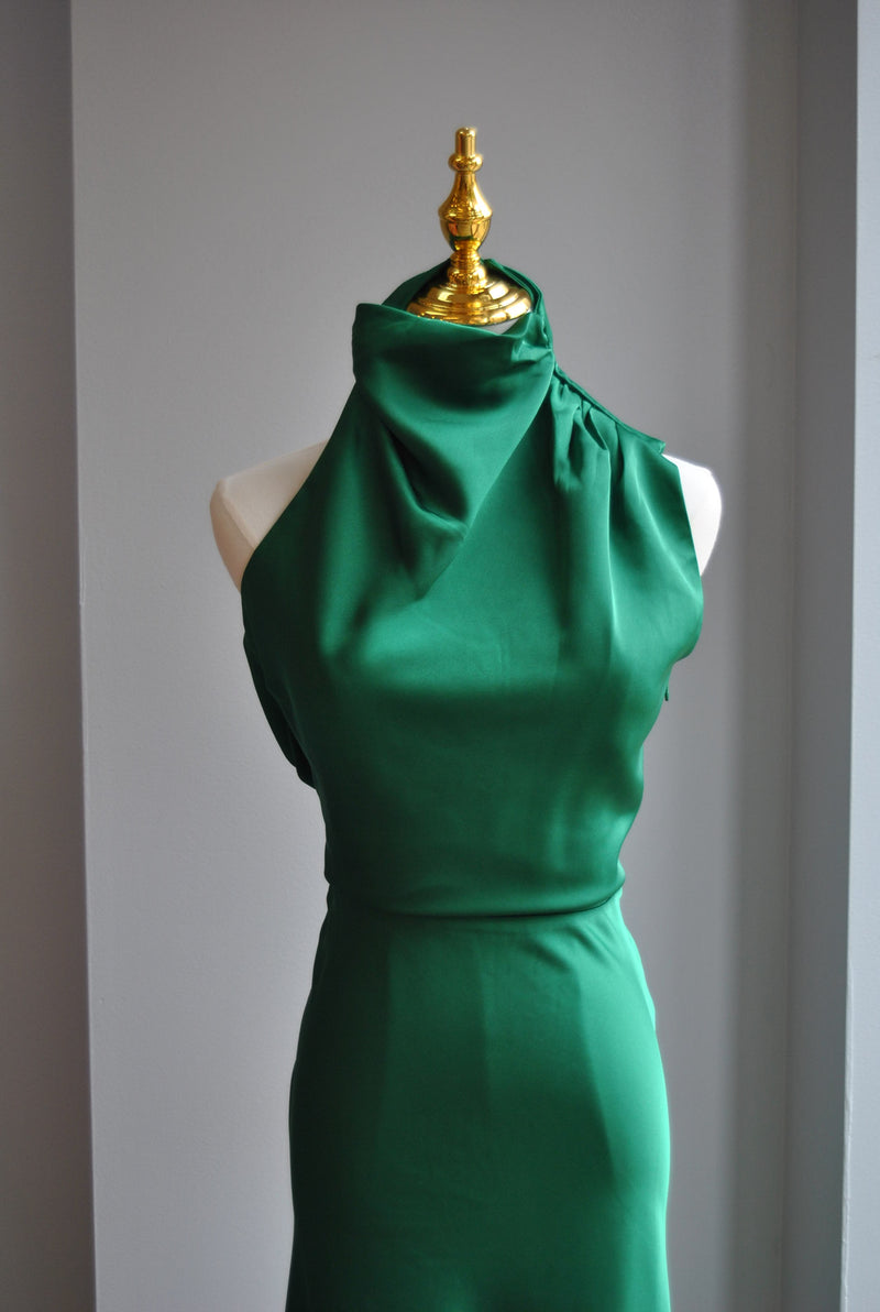 EMERALD GREEN  SILKY MIDI DRESS WITH ASYMMETRIC OPEN BACK