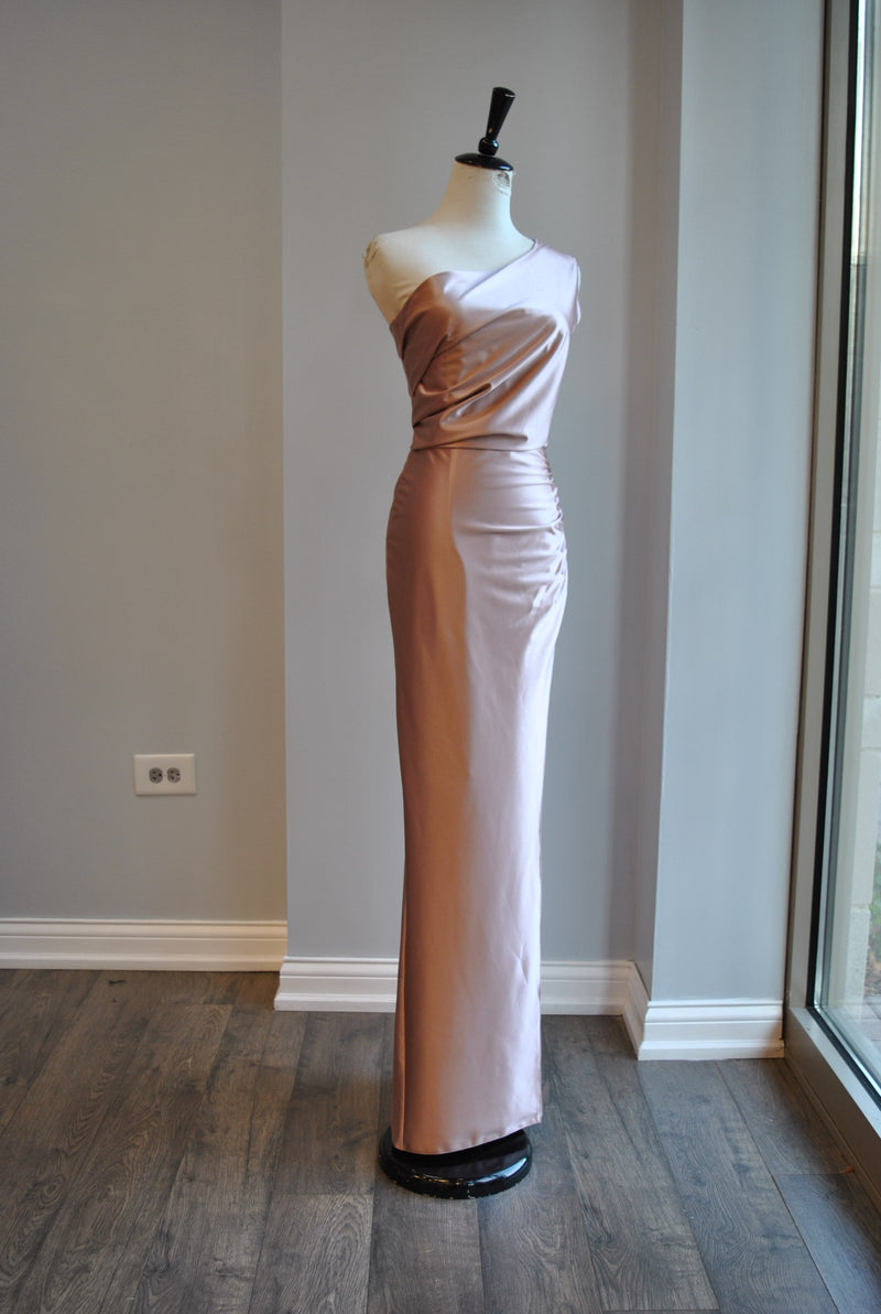 CHAMPAGNE LONG EVENING DRESS WITH SIDE SLIT